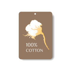 Cotton branch with a label. Gold-colored cotton flower. With the inscription 100 percent. Label for clothing and fabrics. Various fabric products. Vector illustration.