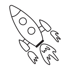 Flying rocket doodle vector illustration. Childish drawing of rocketship. Black line icon of spacecraft object. Startup concept. Simple hand drawn sketch of cosmic element.