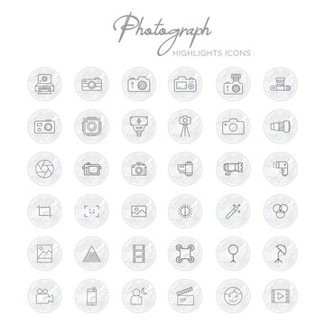 Instagram highlight cover icons isolated on white background. Photography symbol modern, simple, vector, icon for highlight covers, website design or mobile app. Vector Illustration