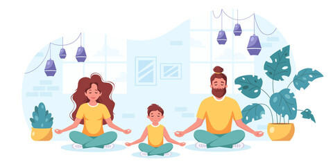 Family doing yoga, meditation in cozy interior. Family spending time together. Vector illustration