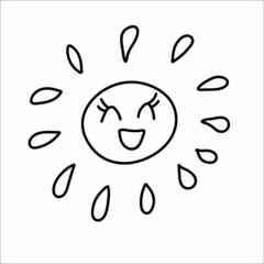 Happy sun doodle illustration. Hand drawing sun with cute smilig face.