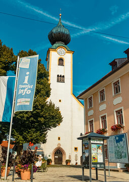Beautiful alpine summer view with a church at Grassau center, Chiemgau, Bavaria, Germany