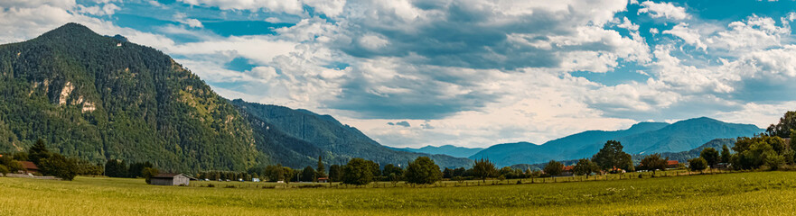 Fototapeta premium High resolution stitched panorama of a beautiful alpine summer view at Grassau near the famous Chiemsee, Bavaria, Germany