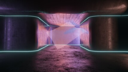Sci Fi Futuristic Neon Led Laser Glowing Modern Empty Dark Vibrant Blue Purple Pink Glowing Stage Podium Lights On Reflective Grunge Concrete Tunnel Club Room 3D Rendering