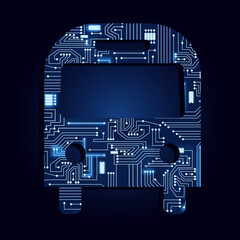 Bus symbol used on traffic signpost with a technological electronics circuit. Blue background.