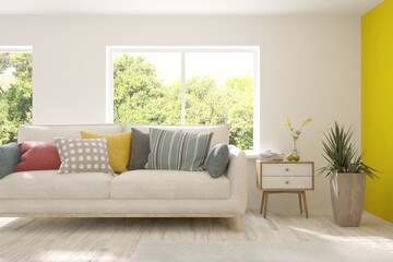 White living room with sofa and summer landscape in window. Scandinavian interior design. 3D illustration