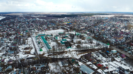 Alexandrov, Russia - 03 April 2021: Russian cities, Museum-Reserve Aleksandrovskaya Sloboda from a bird's-eye view