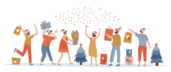 Set of young characters receiving and giving gifts and preparing to celebrate holidays. Happy people with Santa's presents and hats isolated on white background. Vector flat illustration