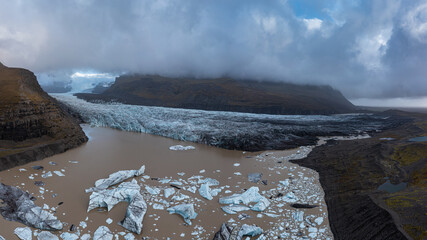 Aerial view landscape of Svinafellsjokull Glacier in Vatnajokull National Park in Iceland 16:9 panorama