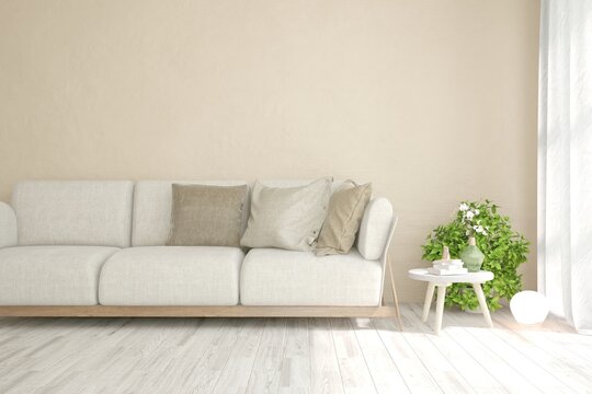 Soft color living room with sofa. Scandinavian interior design. 3D illustration