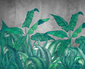 Fototapety  Tropical leaves on a gray background. Photo wallpaper with leaves. Fresco for the interior. Wall decor in grunge style. Painted green leaves. Photo wallpapers 3d.