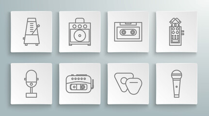Set line Microphone, Guitar amplifier, Music tape player, pick, Retro audio cassette, and Metronome with pendulum in motion icon. Vector