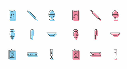 Set line Cookbook, Electronic scales, Cutting board, Blender, Bread knife, Bowl, Pastry bag for decorate cakes and Rolling pin icon. Vector