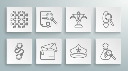 Set line Handcuffs, Document with search, Envelope, Police cap cockade, Money bag magnifying glass, Scales of justice, Magnifying footsteps and Prison window icon. Vector
