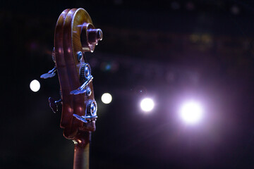 The neck of an acoustic double bass in bright stage lights