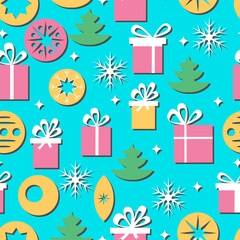 Seamless Christmas background with gifts, snowflakes and trees. Merry Christmas! Happy New year!