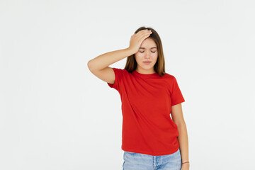 Fototapeta premium Young woman trying to remember something with face expression on her face