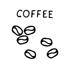 Black hand drawing illustration of coffee beans with lettering Coffee on a white background