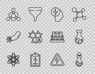 Set line Atom, Test tube and flask chemical, Head electric symbol, Laboratory clipboard with checklist, Bacteria, Chemical formula, High voltage sign and icon. Vector