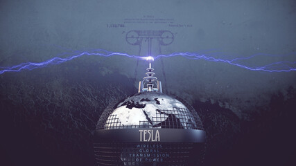 Poster: Tesla-Tower mit blauen elektr. Blitzen auf Globus in Gitter-Käfig | Poster Konzept/Idee  globale drahtlose Energieübertragung der Zukunft - Vision Freie Energie | 3D Render Illustration