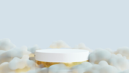 3d rendering podium for product percentation display with clouds