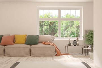White living room with sofa and summer landscape in window. Scandinavian interior design. 3D illustration