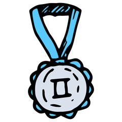 the icon of the silver medal with a blue ribbon for the second place. a doodle-style round doodle medal for second place in gray on a blue ribbon on a white background for a design template