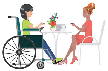 Girl in wheelchair drink coffee with friend