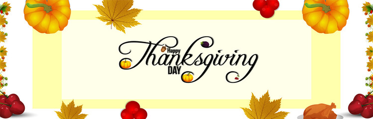 Happy thanksgiving celebration banner with autumn leafs and pumpkin and berries