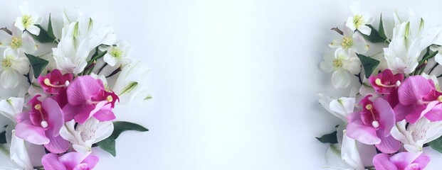 Bouquet of white and pink flowers on a white background. Delicate floral arrangement. Background for a greeting card.