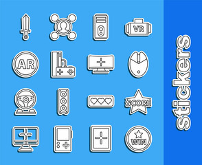 Set line Medal, Star, Computer mouse gaming, Game console with joystick, Ar, augmented reality, Sword for game and monitor icon. Vector