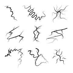 Set Black Collection Simple Line Cracked, Damaged, Hole, Earthquake, Destruction Doodle Outline Nature Element Vector Design Style Sketch Isolated Illustration