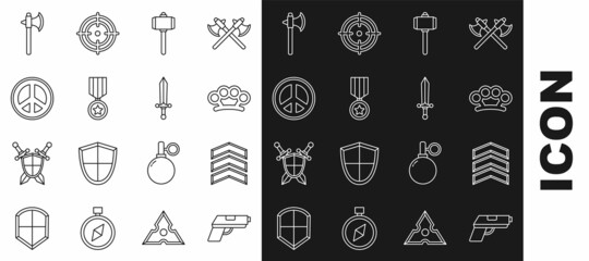 Set line Pistol or gun, Military rank, Brass knuckles, Battle hammer, reward medal, Peace, Medieval axe and sword icon. Vector