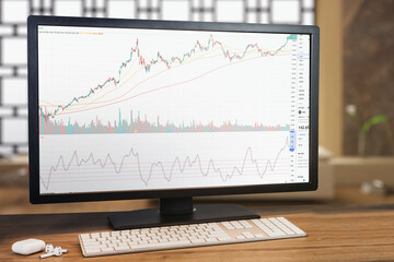 Financial stock market graph on computer screen. Monitor, keyboard and airpods on wooden table. Stock Exchange. Selective focus.