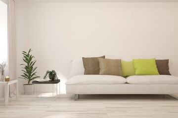 White living room with sofa. Scandinavian interior design. 3D illustration