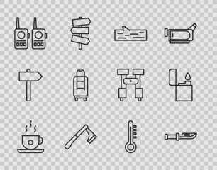 Set line Coffee cup, Camping knife, Wooden log, axe, Walkie talkie, Suitcase, Meteorology thermometer and Lighter icon. Vector