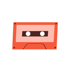 Obraz premium Red audio music cassette. Music retro tape. Vector illustration in cartoon style. Isolated on white background.