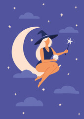 Cute Vector Illustration of a Witch Holding a Crystal Ball and Magic Wand, Sitting on a Crescent Moon. Halloween Simple Style Graphic Design. Works Well on Posters, Cards and Invitations.