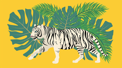 Fototapeta na wymiar Walking white tiger with tropical leaves
