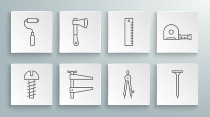 Set line Metallic screw, Wooden axe, Clamp tool, Drawing compass, nail, Ruler, Roulette construction and Paint roller brush icon. Vector