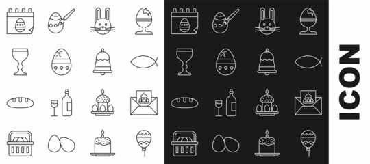Set line Balloons with ribbon, Greeting card Happy Easter, Christian fish, rabbit, Cracked egg, Wine glass, Calendar and Ringing bell icon. Vector