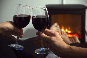 Couple sitting in a cozy room with fire place on a sofa with glasses of wine. Concept of family and love