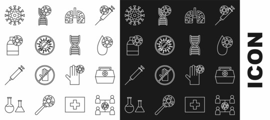 Set line Virus spread, First aid kit, Blood test and virus, cells in lung, Stop, Bottle with, and DNA symbol icon. Vector