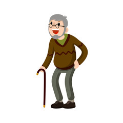 Funny old man with cane. Senior and Lifestyle of grandfather. Cartoon flat illustration.