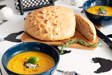Pumpkin soup and fresh homemade bread