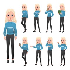 Beautiful young blonde in casual style clothes, set in different poses Vector illustration.