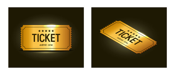Set of 3d golden tickets. Isometric golden tickets with inscription "Ticket". Vector illustration.	