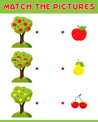 Matching game, education game for children. Puzzle for kids. Match the right object. Plants. apple tree, pear tree, cherry tree