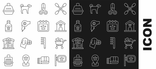 Set line Pet grooming, stroller, Dog house and paw print, Scissors hairdresser, Hair dryer, medicine bottle, carry case and Calendar icon. Vector