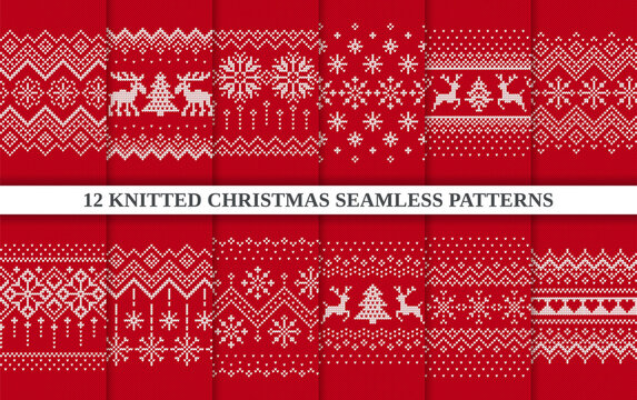 Christmas knit print. Seamless pattern. Set Red knitted sweater textures. Fair isle traditional geometric background. Holiday winter ornament. Festive crochet. Wool pullover frame. Vector illustration
